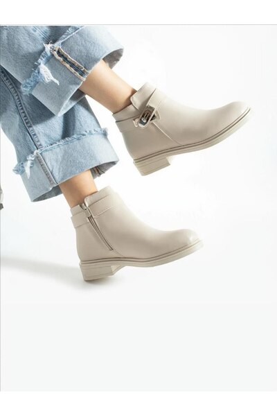 PAPUCUMUN DÜNYASI Daily Women's Leather Boots with Zipper and Buckle, Semi-Slippery Sole