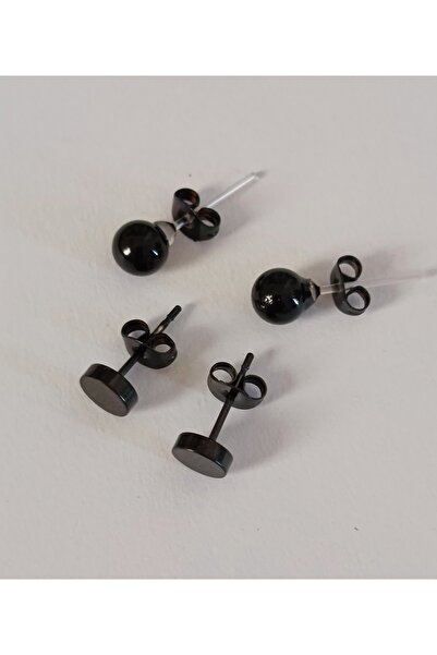 TREND Black Ball Earrings (5 mm - 1 Pair) & Black Flat Cylinder Earrings (6 mm - 1 Pair) - Men's Earring Set