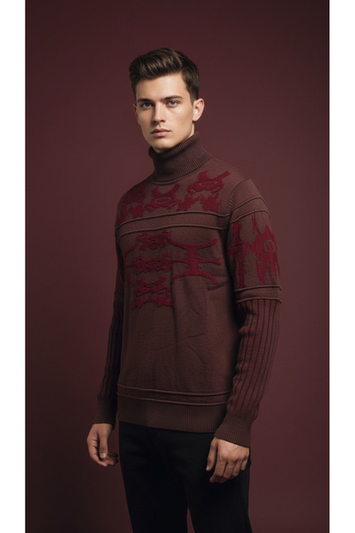 Digz fashion 100% Cotton Burgundy High-Necked Red Patterned Slim Fit Knitwear...