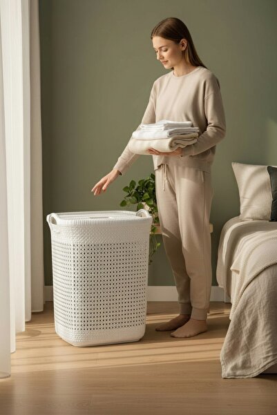 Milenay Rattan Desen Lüks Kapaklı Çamaşır Sepeti, Büyük Boy 52lt, Şık Tasarım