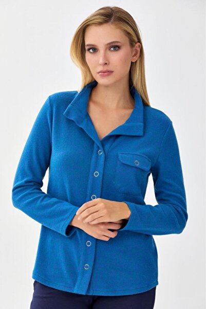 İKİLER Önü Çıtçıtlı Cep Detaylı Uzun Kol Triko Bluz 256-1706