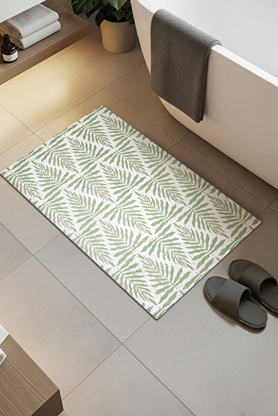 Etnik Dekor Leaf Geometric Patterned Digital Printing 2-Piece Bath Mat Set
