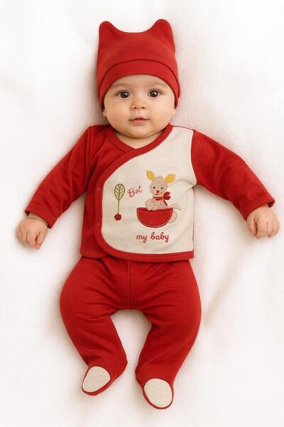 Onouqo 3-Piece Newborn Baby Hat Set in Red and White - Cotton, Soft Themed Kangaroo Set