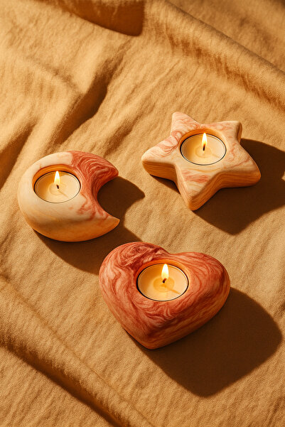 loftico Mermer Desenli 3’lü Tealight Mumluk Seti Ay, Yıldız, Kalp 10 cm El Ya...