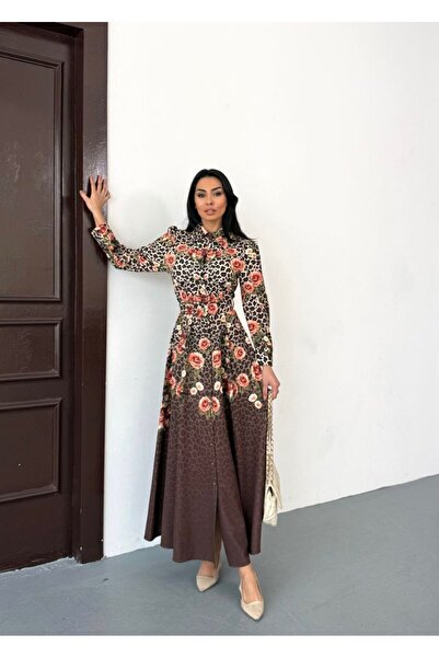 WellWay Rochie maro cu model floral din țesătură Atlas, cu guler de cămașă, cu detaliu de nasturi (CUREA INCLUSĂ)-2598