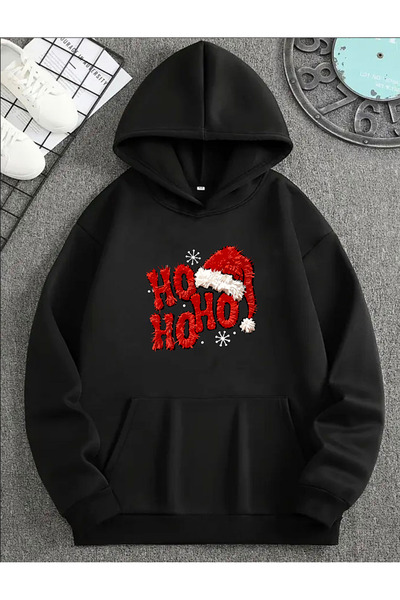 BG BASKI ATÖLYESİ Yeni Yıl Temalı Merry Christmas Ho Ho Ho Yazılı Baskılı Regular Basic Sweatshirt/Hoodie