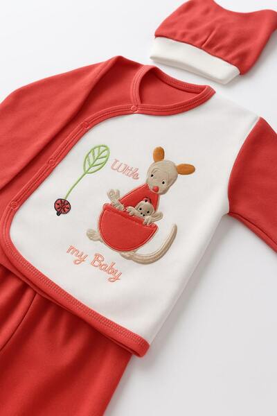 Onouqo 3-Piece Newborn Baby Hat Set in Red and White - Cotton, Soft Themed Kangaroo Set