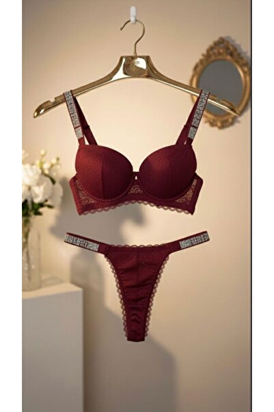 femmefinesse Women's Lace Half Support Push up Underwire Rhinestone Bra and Thong Set