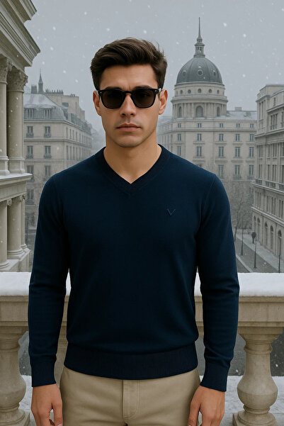 Maccali Men's Casual Premium Loose Long V-Neck Navy Blue Sweater