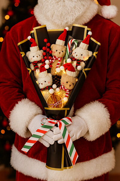 Salish Yılbaşı Temalı Işıklı Ayıcık Buketi – Yeni Yıl Hediye Seti | Özel Konsept Hediyelik | Kokina