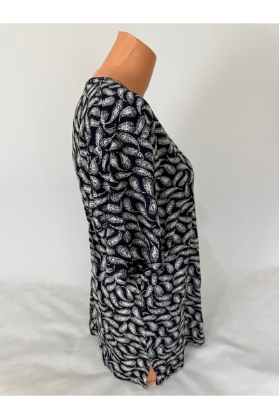 YAŞAR TRİKO Women's Black U-Neck Short Sleeve Patterned Slit Woven Viscose Mother Combed Cotton T-Shirt