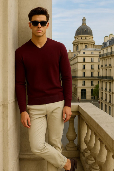 Maccali Men's Basic Premium Comfort Burgundy Long V-Neck Sweater