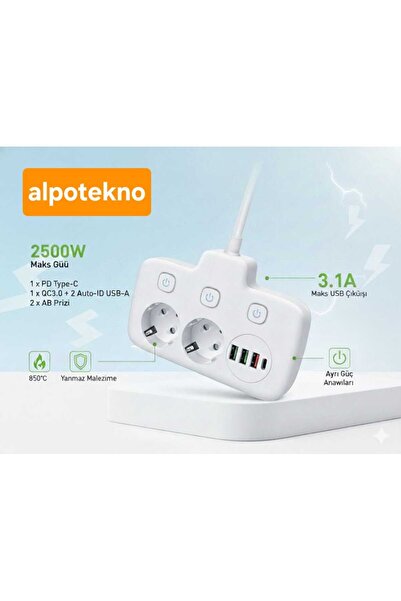 Genel Markalar 2500W Güçlü Akım Korumalı 3 USB + Type-C Portlu Çoklu Priz | H...