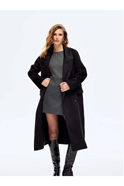 Quzu Yırtmaçlı Uzun Kaşe Kaban Siyah