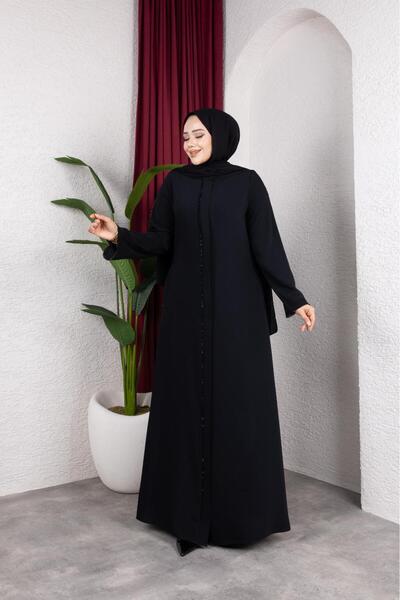shalby Black Hijab Italian Silk Fabric Special Stone Detail Zippered Pocket Plus Size Ferace