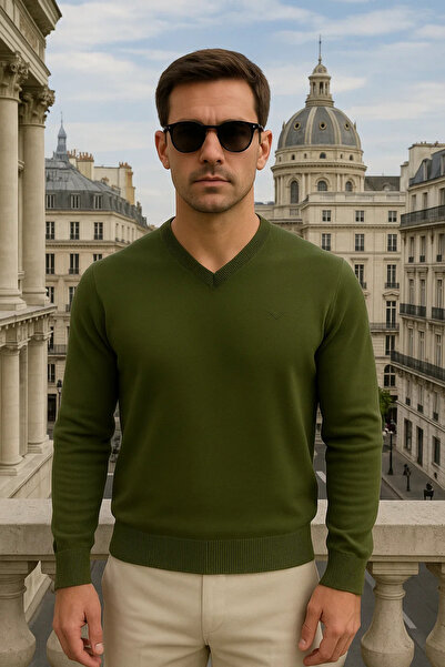 Maccali Men's Basic Premium Comfort Khaki Long V-Neck Sweater