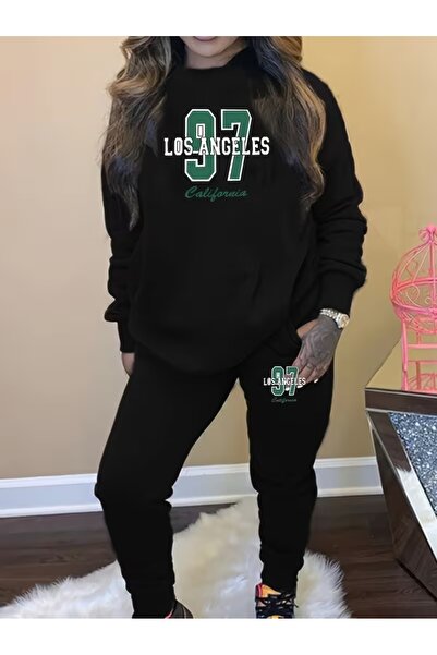 AEMİ Unisex Los Angeles Printed Crew Neck Black Sweatshirt and Jogger Sweatpants - Bottom Top Set