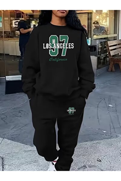 AEMİ Unisex Los Angeles Printed Crew Neck Black Sweatshirt and Jogger Sweatpants - Bottom Top Set
