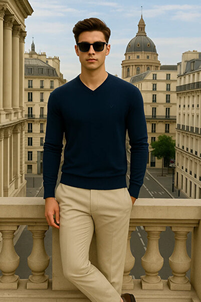 Maccali Men's Basic Premium Comfort Navy Blue Long V-Neck Sweater