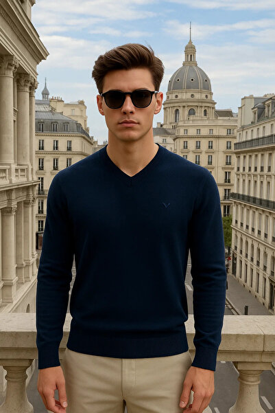 Maccali Men's Basic Premium Comfort Navy Blue Long V-Neck Sweater