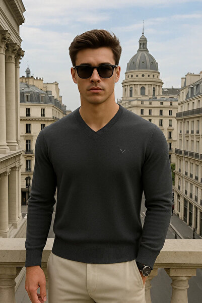 Maccali Men's Basic Premium Comfort Smoked Long V-Neck Sweater