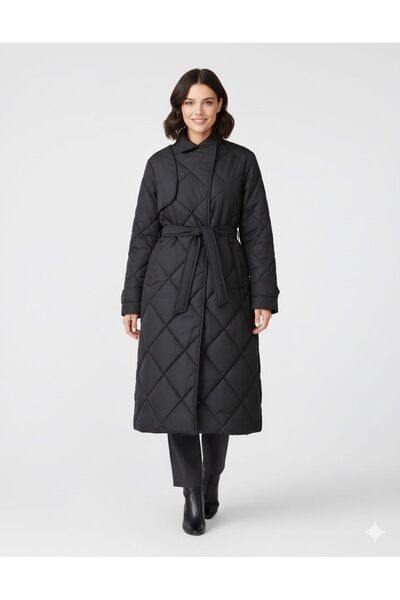 HÜMAKİDSWEAR Kapitone Kuşaklı Uzun Siyah Mont/Kaban