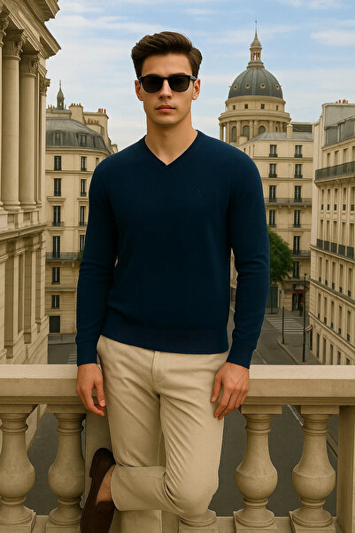 Maccali Men's Basic Premium Comfort Navy Blue Long V-Neck Sweater