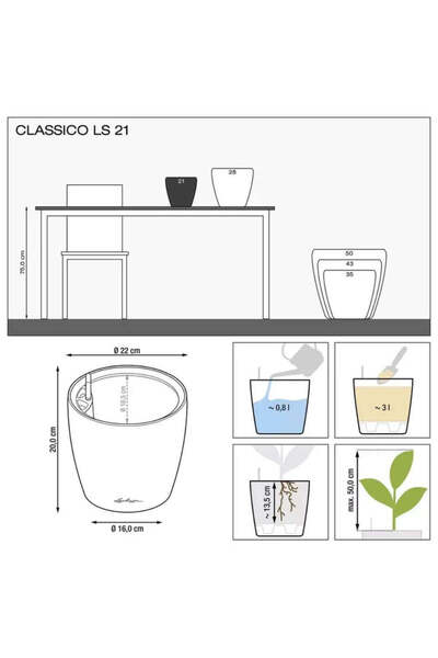 Lechuza Classico Premium 21 LS Self-Watering Planter, 3 L, Glossy Black