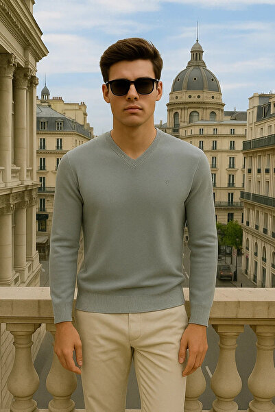 Maccali Men's Basic Premium Comfort Gray Long V-Neck Sweater