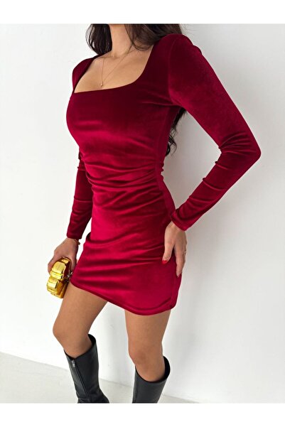 ALLEYTA Women's Velvet Diana Square Neck Ruched Detail Mini Dress