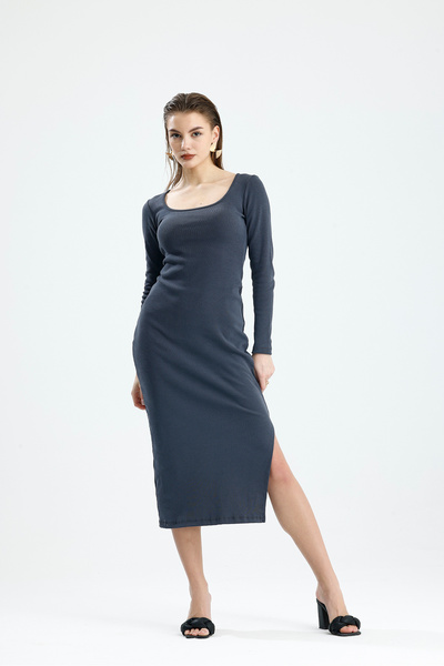 let s shine Square Neck Slit Long Sleeve Combed Cotton Dress
