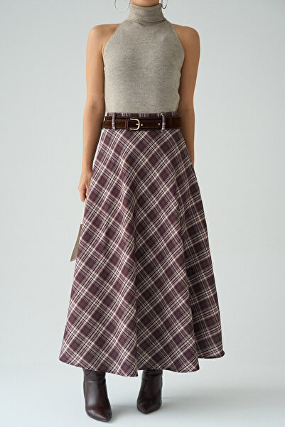 LOOSH Kadın Kahve Bej Ekose Desenli Kemer Detaylı Geniş Volanlı Etek