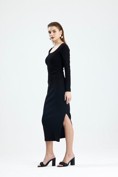 let s shine Square Neck Slit Long Sleeve Combed Cotton Dress