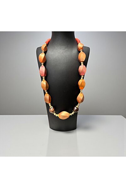 COCOSH TAKI Orange Pink Wooden Beaded Gold Detailed Multi Special Design Necklace