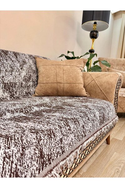 montanahome Sofa Cover Luxury Cotton Marble Pattern Non-Slip Reversible Fringed Decorative for Daily Use