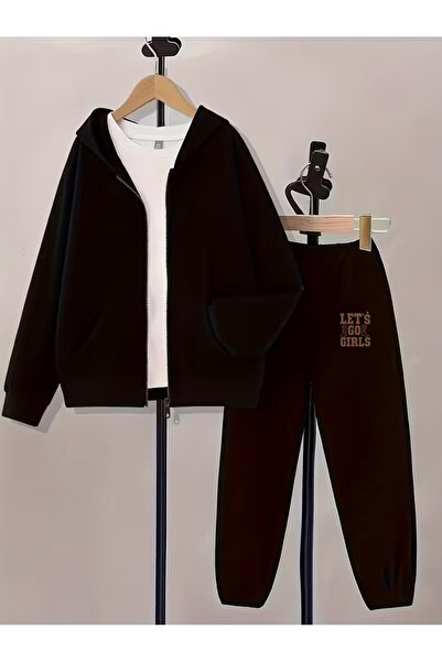 AEMİ Unisex Let's Go Girls Printed Zippered Black Oversized Hooded Bottom Top Set Tracksuit Set