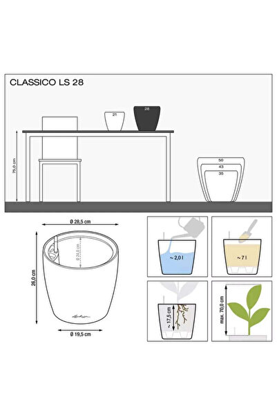 Lechuza Classico Premium 28 LS Self-Watering Pot, 7 L, Glossy White