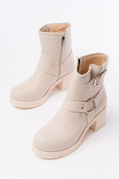 Zerenyus Zri̇n-3042 Premium Beige Buckle Accessory Zippered Thick Heeled Casual Women's Boots