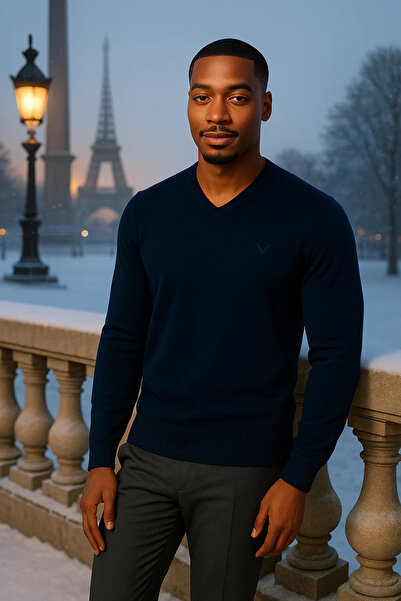 Maccali Men's Loose Trend Long Navy Blue V-Neck Sweater