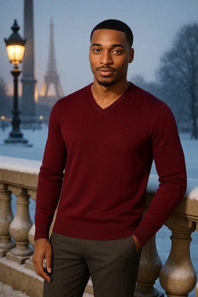 Maccali Men's Loose Trend Long Burgundy V-Neck Sweater