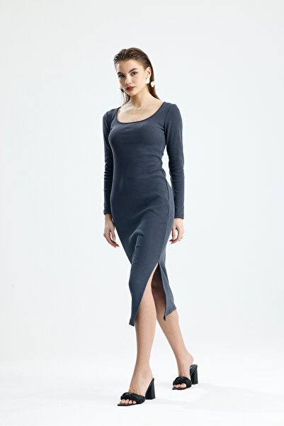 let s shine Square Neck Slit Long Sleeve Combed Cotton Dress