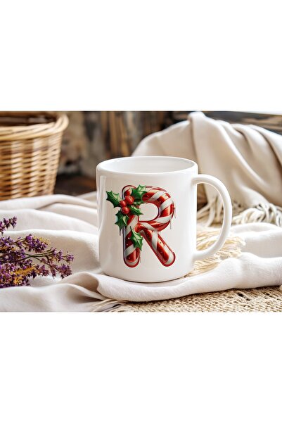 Beramussa R Initial Letter Christmas Themed Mug – New Year Candy Cane Design Christmas Gift Coffee Cup