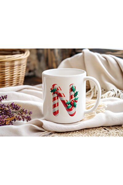 Beramussa N Initial Letter Christmas Themed Mug – New Year Candy Cane Design ...
