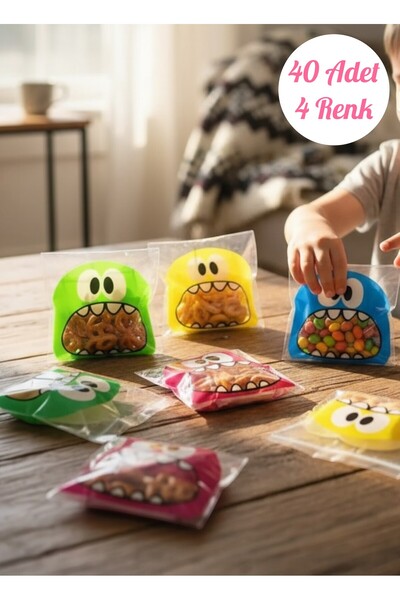 tugce shopping 40 Adet 4 Renkli Bantlı Şeffaf Poşet Saklama Paket Çocuk Okul Mutfak Doğum Günü Parti Sunum