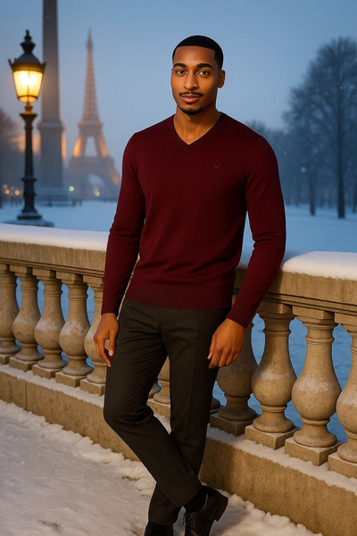 Maccali Men's Loose Trend Long Burgundy V-Neck Sweater
