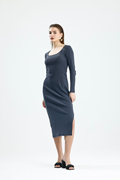 let s shine Square Neck Slit Long Sleeve Combed Cotton Dress