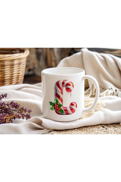 Beramussa L Initial Letter Christmas Themed Mug – New Year Candy Cane Design ...