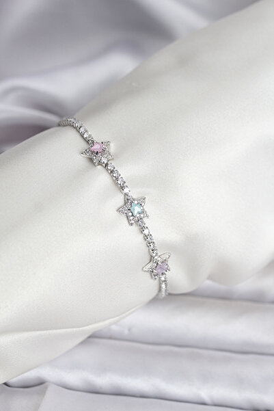 Lisinya سوار نسائي من النحاس الفضي اللون مرصع بحجر الزركون على شكل نجمة ملونة...