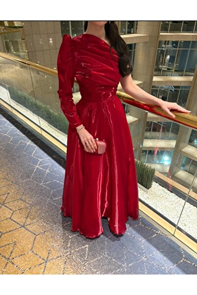 MODA DRESSES Red One-Shoulder Evening Dress with Puff Sleeve