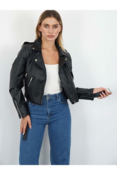 MERSİ KADIN SİYAH SUNİ DERİ BİKER CEKET